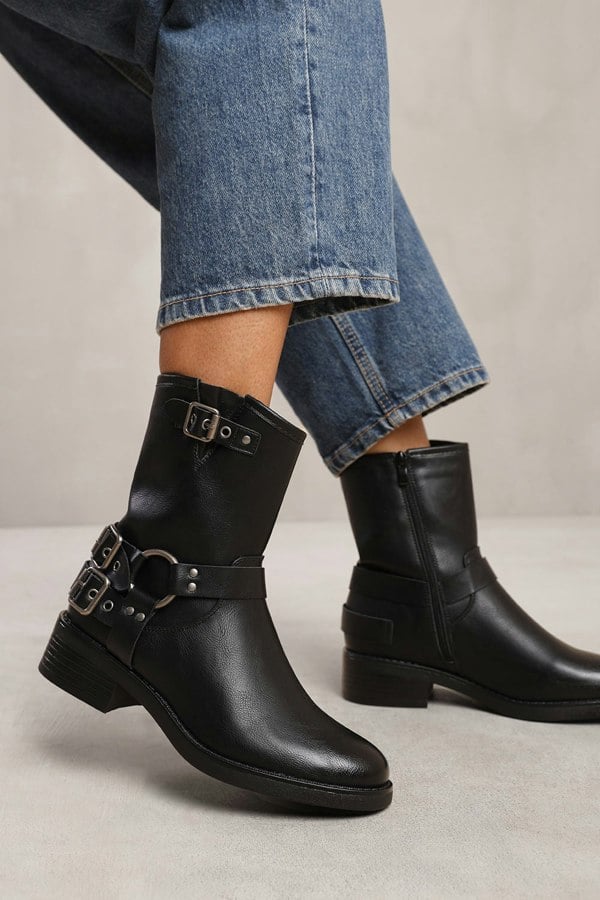 Where's That From Bode Wide Fit Ankle Boot With Buckle Detailing in Black Faux Leather