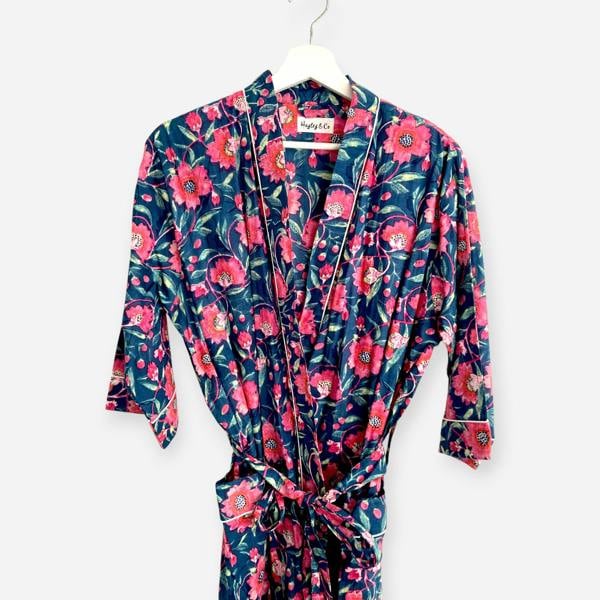 Hayley & Co Navy and Pink Floral Block Print 100% Cotton Dressing Gown