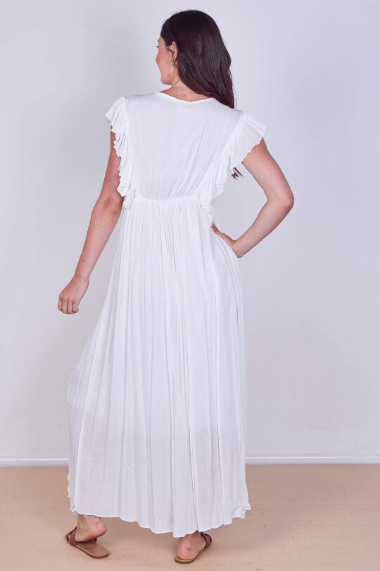 Elaina Fashion Boho Ruffle Detail Maxi Dress with Tie Neck – One Size (UK 8–14)