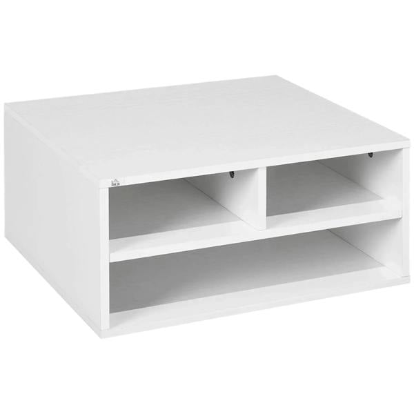 White three-compartment printer storage cabinet with open shelves