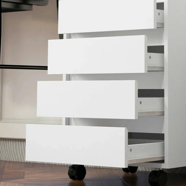 White filing cabinet with multiple drawers pulled open, on caster wheels