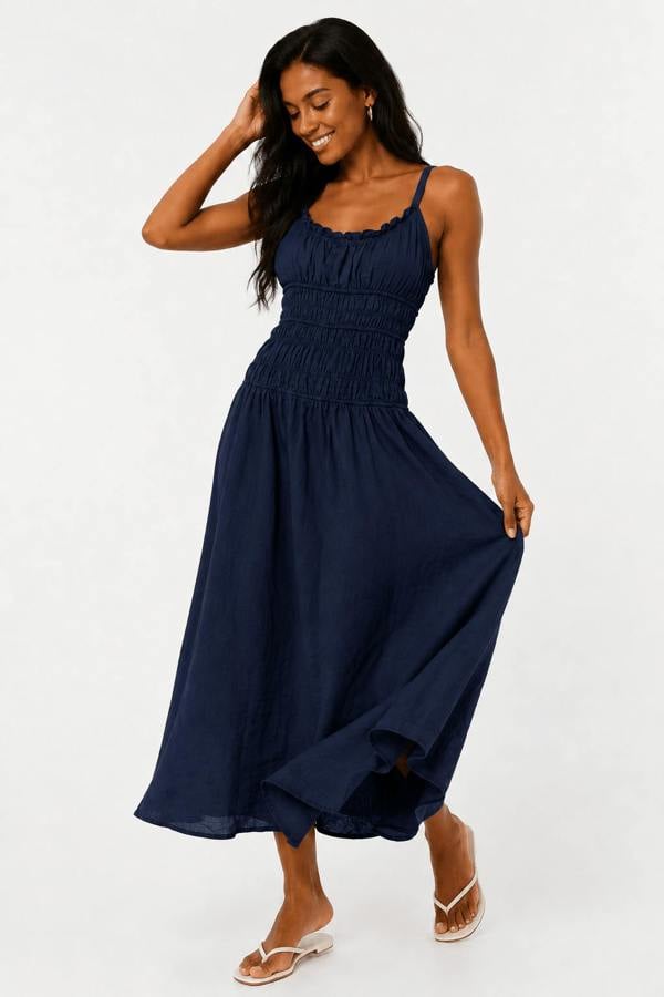 Claudio Lugli Sleeveless Shirred Linen Midi Dress — women's summer linen dress