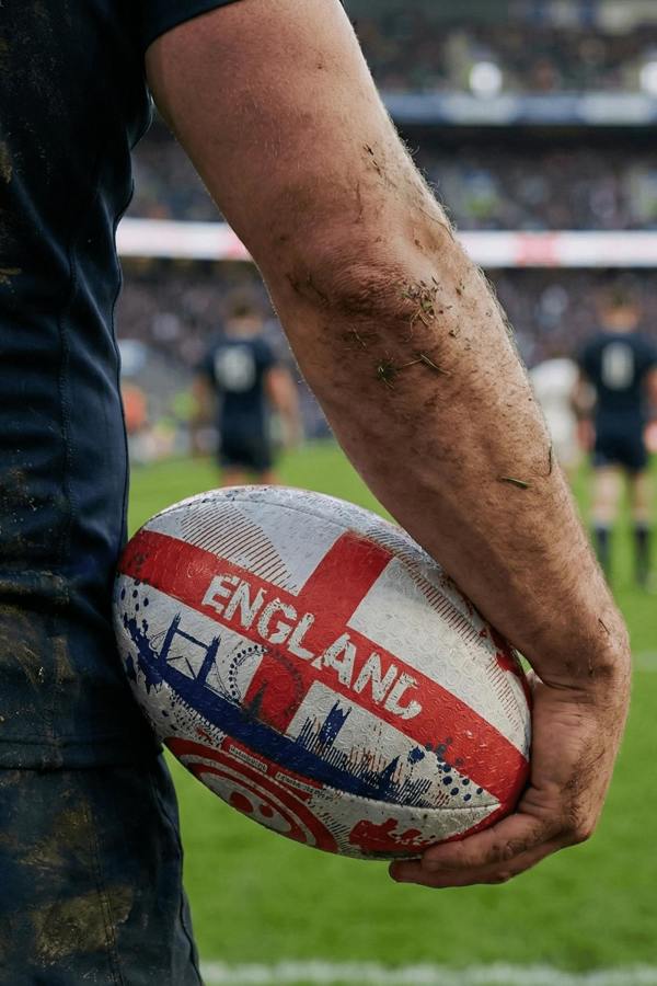 Muddy player holding a white and red Optimum England rugby ball with ENGLAND print in a stadium - Optimum