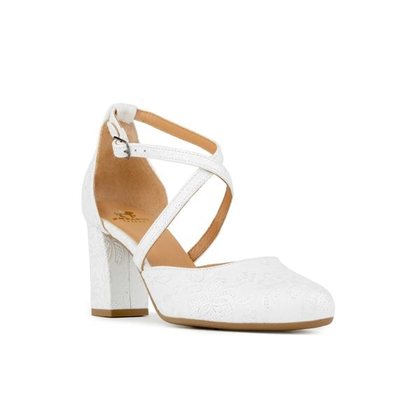 Embassy London Kylie - Wedding White - Women's leather strappy 3 inch block heel in white floral emboss leather