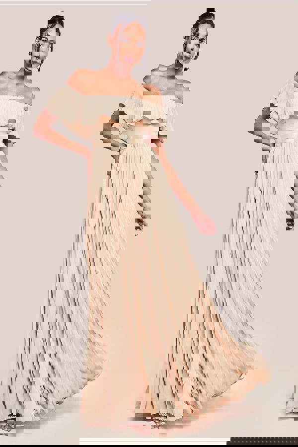 Pleated Chiffon Off Shoulder Maxi Dress - Beige DR3805