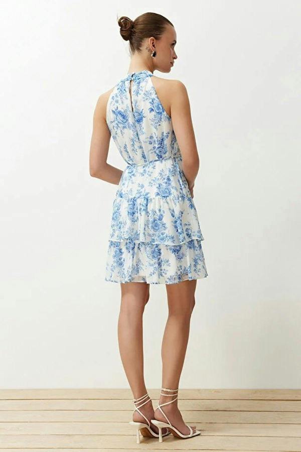 WOVCOR Floral Pattern A-Line Lined Chiffon Flowy Woven Mini Dress