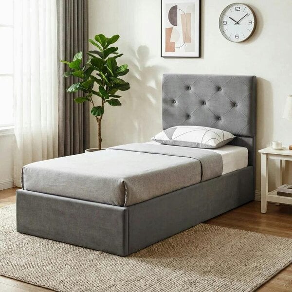 Single Bed Frame Gas End Lift Under Bed Storage Upholstered Platform Bed Tufted Headboard for 90 x 190 cm Mattress