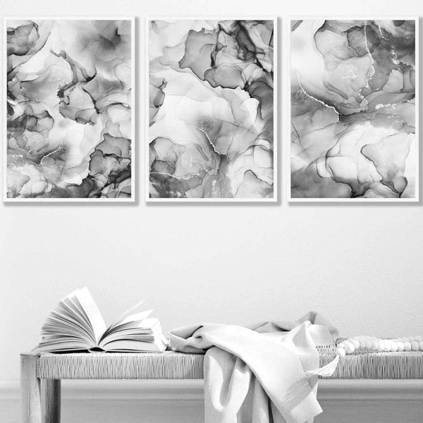 Artze Wall Art Abstract Floral Fluid in Grey Set of 3 Wall Art Prints | Framed