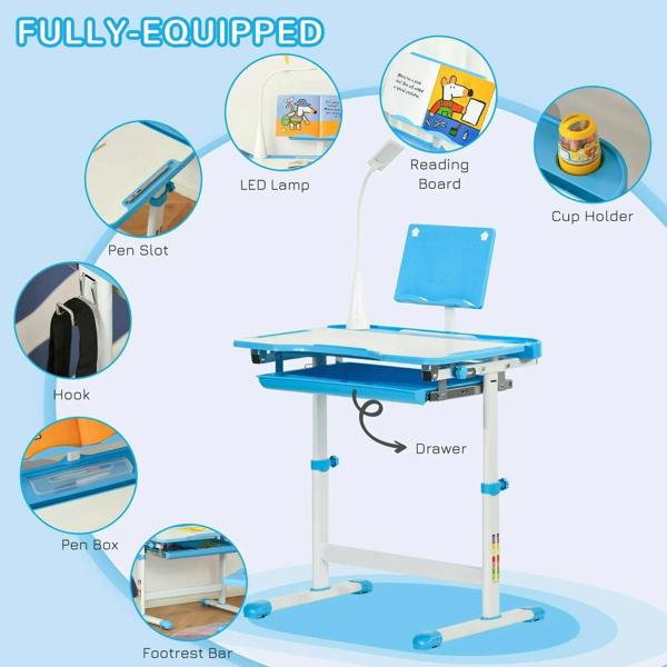 Kids blue study desk and chair set with tilting top, drawer, and storage accessories