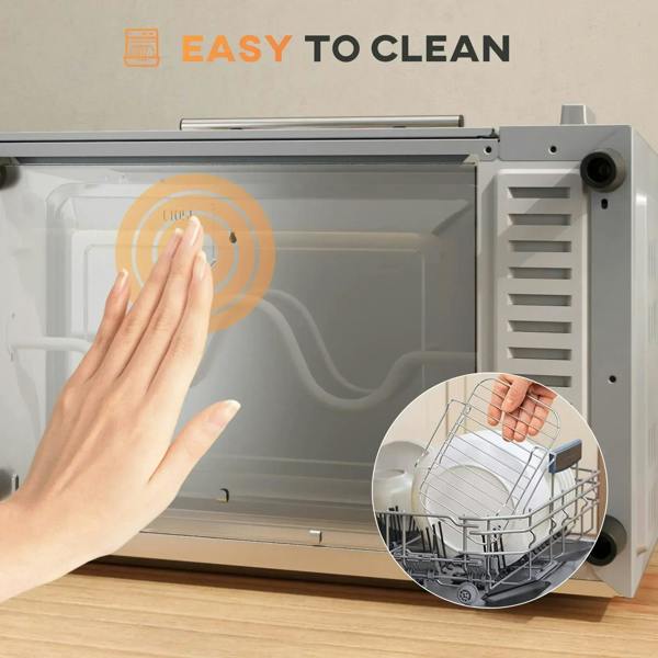 Mini oven with open door, showing easy-to-clean interior with removable tray and rack.