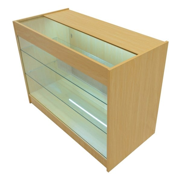 Maple Helios LED shop counter set featuring a sleek design, glass display shelves, and integrated lighting for showcasing products