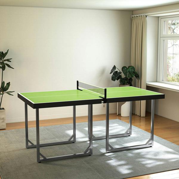 Green ping pong table with net and sturdy metal frame, shown folded open with two halves.