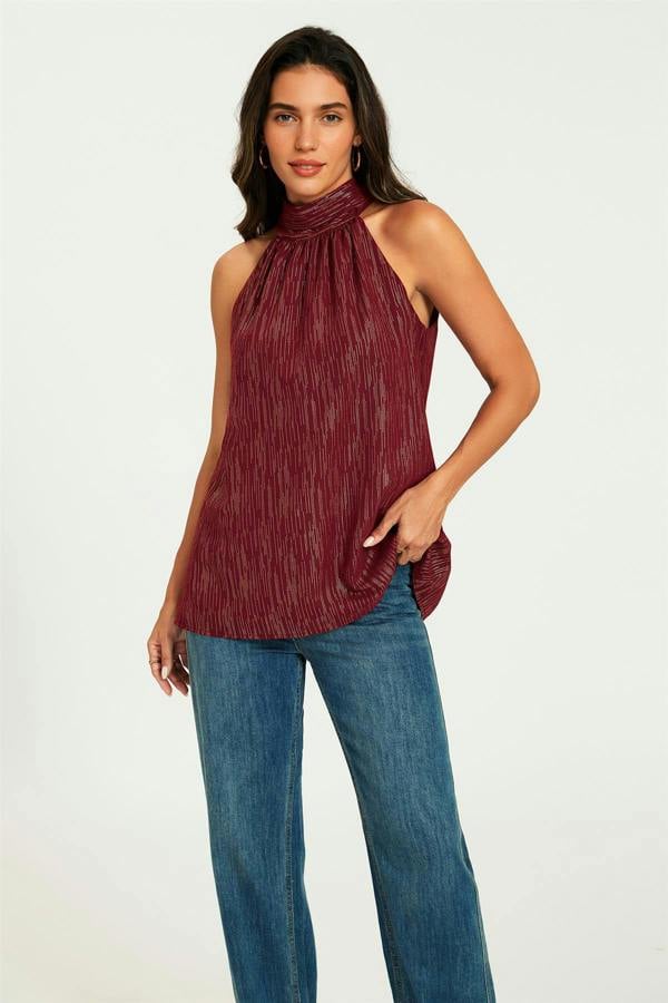 FS Collection Gold Stripe Foil Halter Neck Tie Back Top In Wine