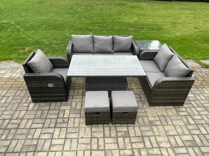 Fimous Rattan Garden Furniture Patio Set, Adjustable Height Table, Reclining Chair Sofa, Side Table, 2 Small Footstools, Dark Grey Mixed