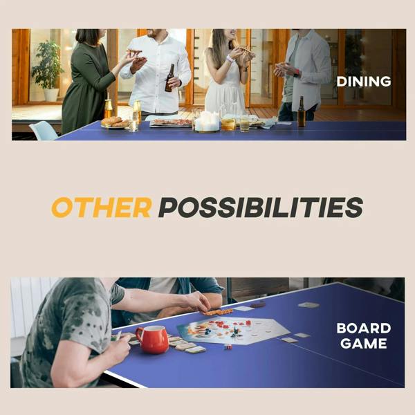 Blue folding table tennis table shown in a lifestyle scene