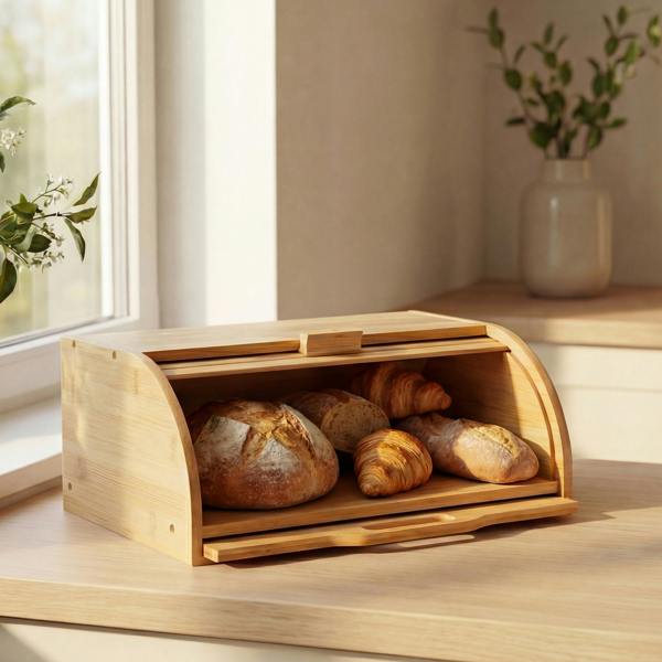 Maison des Cadeaux Bamboo Bread Box with Slide-Out Chopping Board