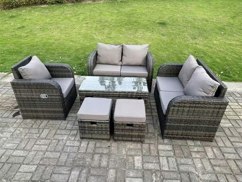 Fimous 7-Seater Dark Grey PE Wicker Rattan Garden Sofa Set - High Back Outdoor Furniture with Reclining Chair & Oblong Coffee Table