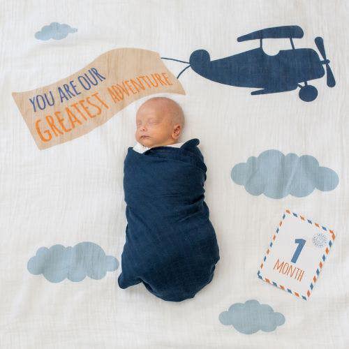 Lulujo - Baby's First Year Gift Set - Cotton Swaddle & Cards - Greatest Adventure