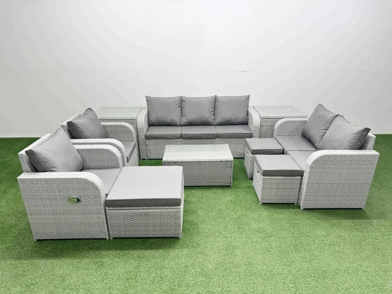 Fimous Light Grey PE Rattan Outdoor Lounge Set - Adjustable Chair, Double Loveseat, Oblong Coffee Table, 3 Stools & 2 Side Tables