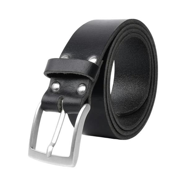 Black leather belt with silver buckle on a white background