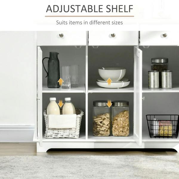 White cabinet interior with adjustable shelves and metal hardware; jars and plates inside