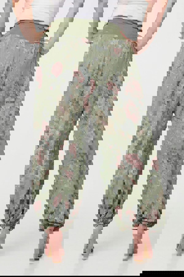 Khaki| Floral Ruched Waist Harem Trousers