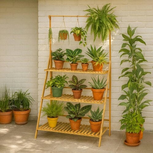 Neo 3‑Tier Foldable Bamboo Plant Stand with Hanging Hook
