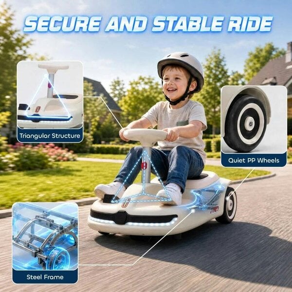 12V Electric Wiggle Car with Pedal, Kids Electric Car with 2 Speeds, Soft Start, Music, Lights for 3-5 Years, White