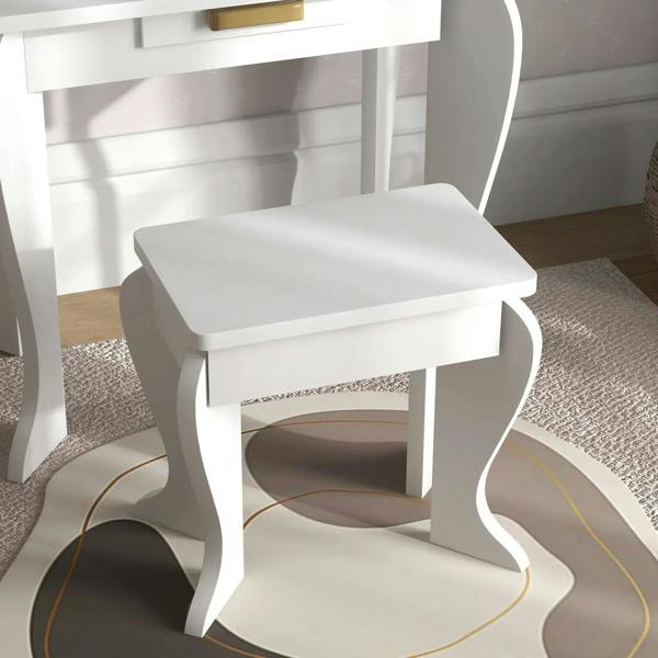 White matching vanity stool with curved legs and padded-looking seat for kids set