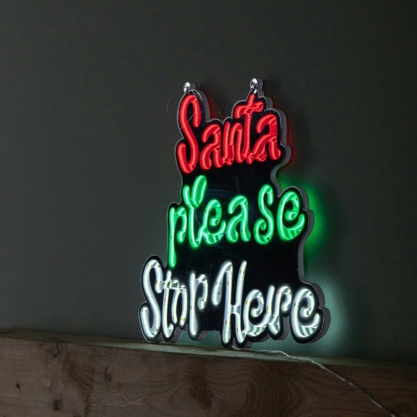 Samuel Alexander 40cm Light up Hanging Santa Stop Here Christmas Infinity Mirror Light with Multi-Coloured LEDs