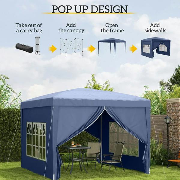 Blue pop-up gazebo with two open front curtains and window side panels