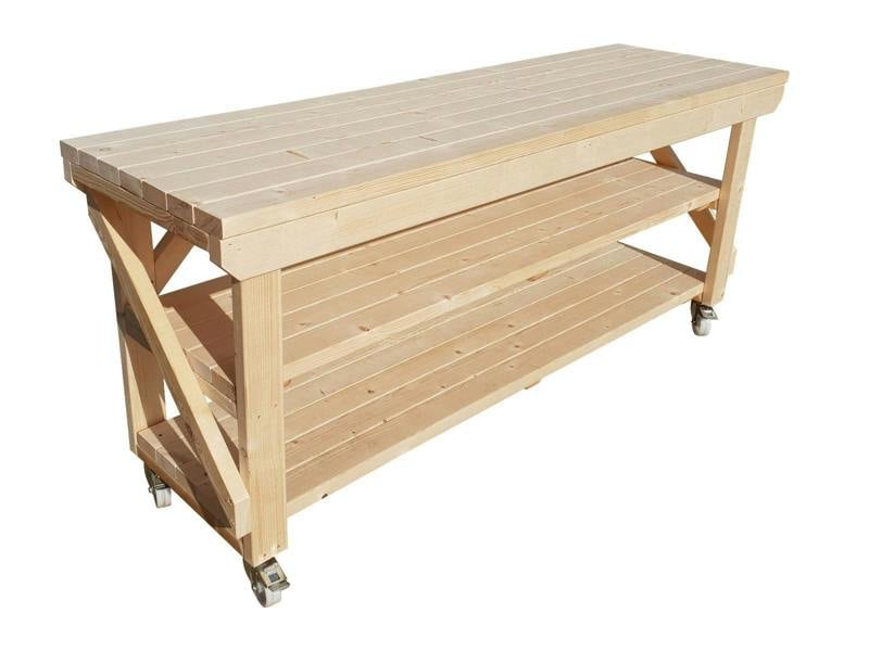 Acorn kiln-dried wooden workbench with double shelves and wheels ideal for workshops and garages