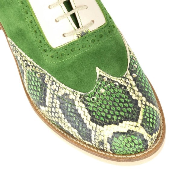 Embassy London Vivienne - Green Snake - Women's almond toe lace up leather oxfords with broguing