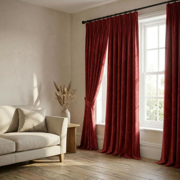 Sevilla made-to-measure curtains in Cinnabar, styled in a living room