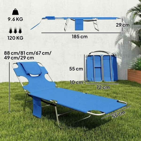Bobobiy 5-Position Adjustable Sun Loungers Set of 2 with Reading Hole and Side Pocket, Blue