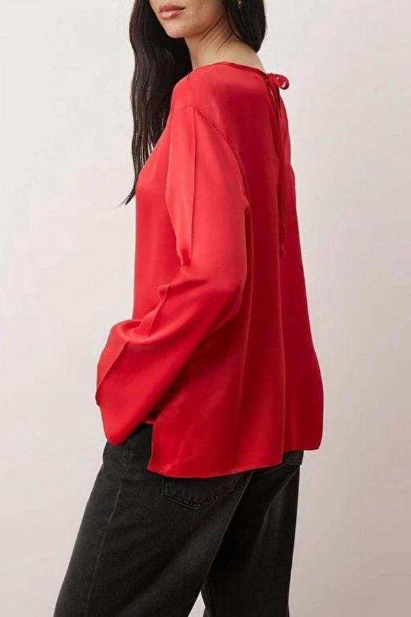 WOVCOR Relaxed Fit Satin Blouse with Back Neckline Tie Detail