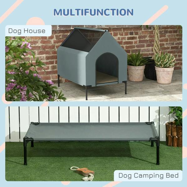 Grey elevated dog house with arched front entry on outdoor patio; multi-use setup shown.