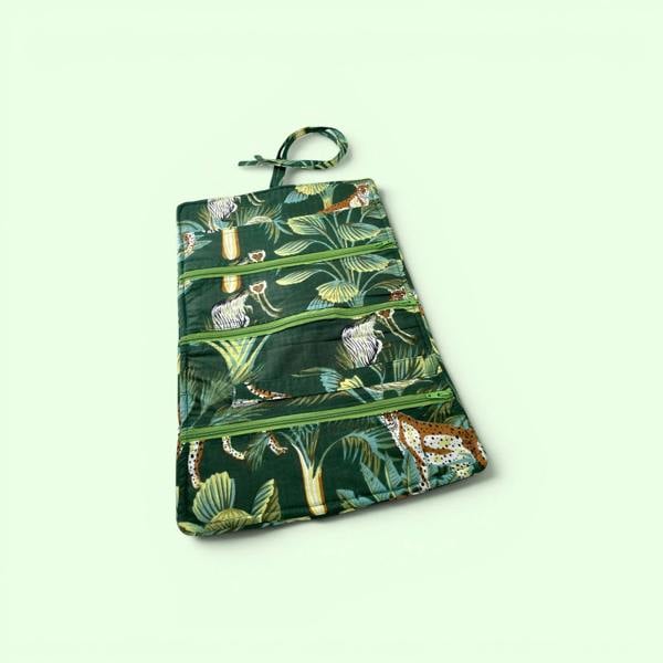 Hayley & Co Cotton Jewellery Roll - Wild Animal Print in Green