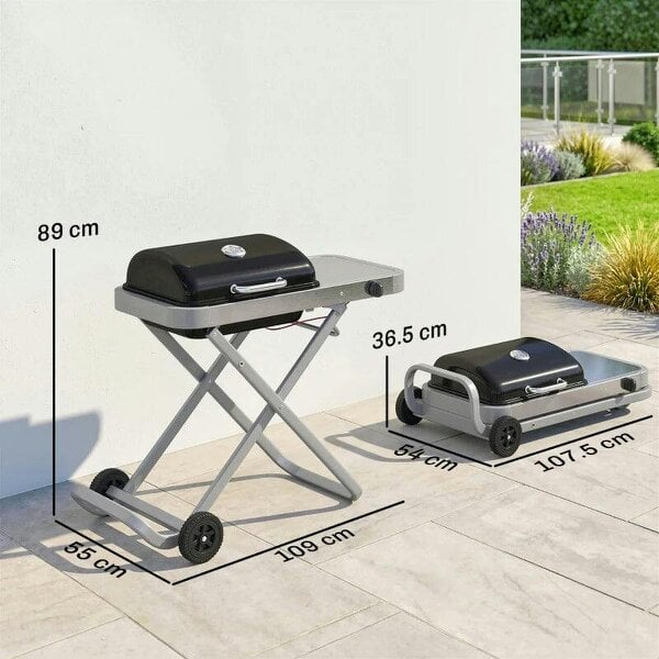 Bobobiy Foldable Gas BBQ Grill with Side Table, Portable Gas Barbecue Grill with Thermometer, Grease Box, Wheels, 2.5 kW, Black