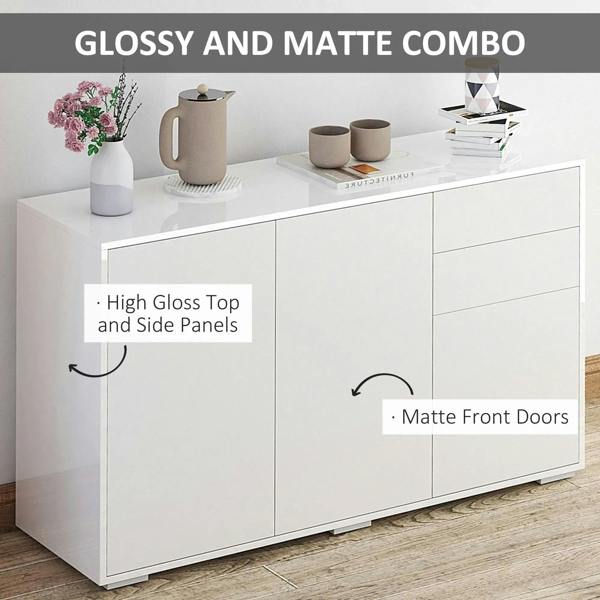 White cabinet with glossy top and matte front doors, two drawers and two side cabinets