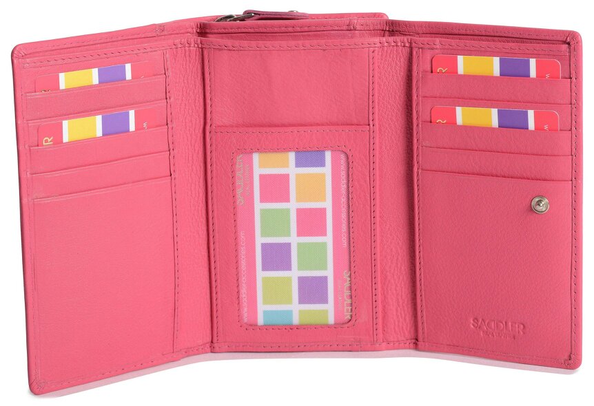 SADDLER PAULA Handmade Leather Trifold Purse – RFID Protected | 8 Card Slots, ID Window & Rear Zip Pocket | Gift Boxed