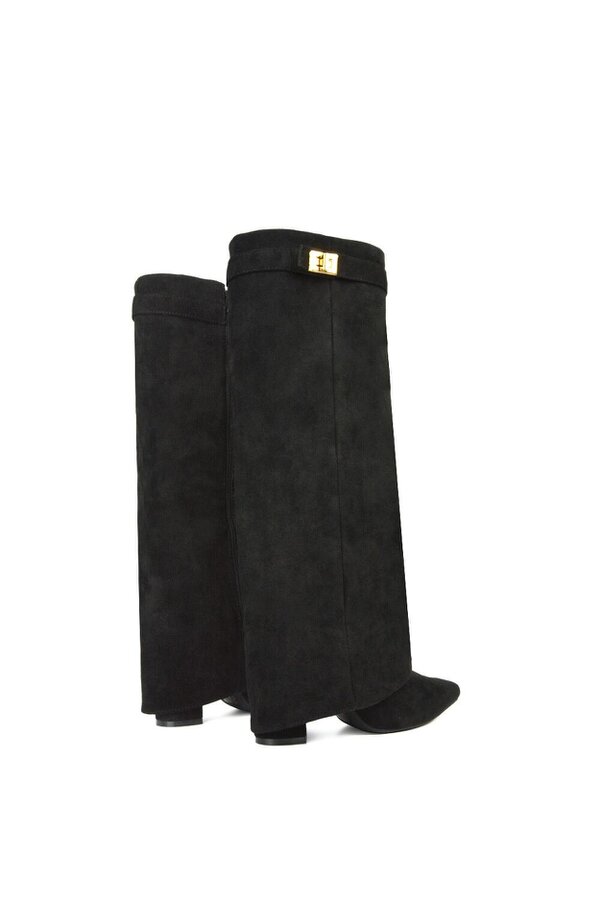 XY LONDON Block Heel Knee High Foldover Boots With Pointed Toe