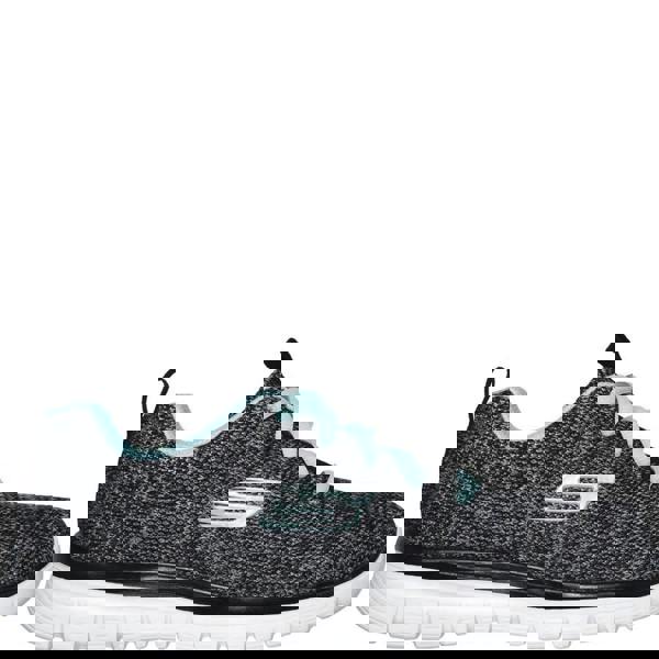 Skechers Gracefull Twisted Fortune Womens Casual Walking Trainers, lightweight athletic shoes with black and grey knit upper and light blue accents.