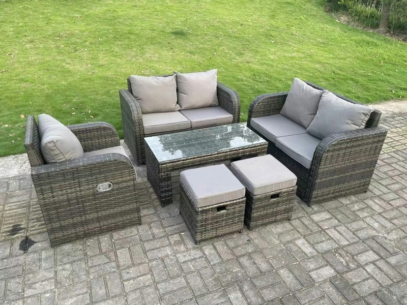 Fimous 7-Seater Dark Grey PE Wicker Rattan Garden Sofa Set - High Back Outdoor Furniture with Reclining Chair & Oblong Coffee Table