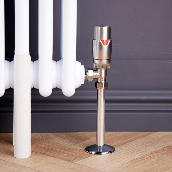 Flode Angled Round Thermostatic Radiator Valve Pack | 15mm x 1/2" | Brushed Steel