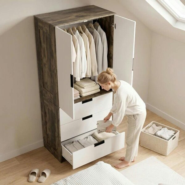 Modern Clothes Storage Cupboard Unit, 3 Drawer 2 Door Wardrobe with Hanging Rod, Rustic Brown