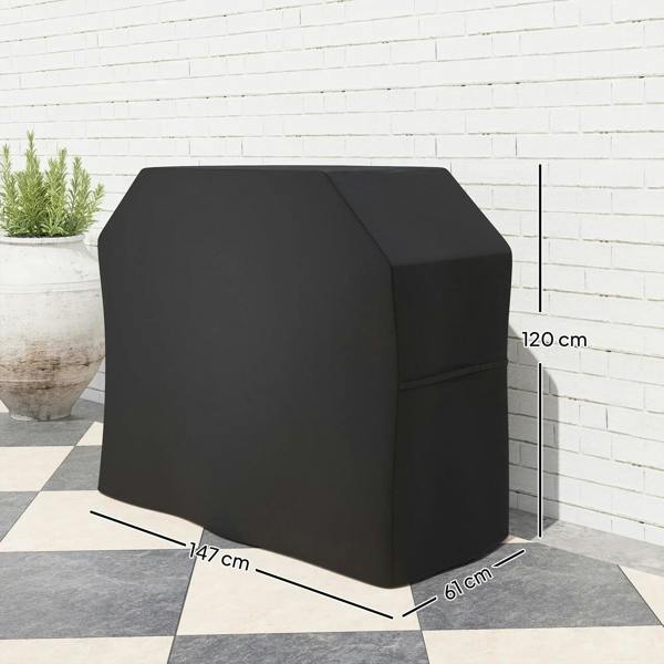 Black grill cover with dimensions shown: 147 cm width and 61 cm depth, 120 cm height.
