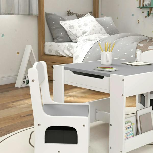 White kids table and chair set with grey tabletop and chair-side book storage