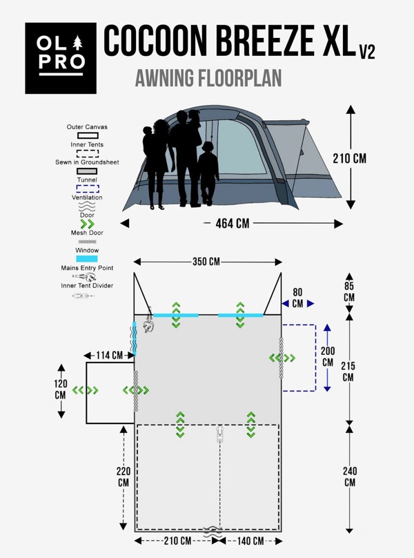 An infographic depicting the dimensions of the Cocoon Breeze® XL v2 Motorhome Awning  from OLPRO