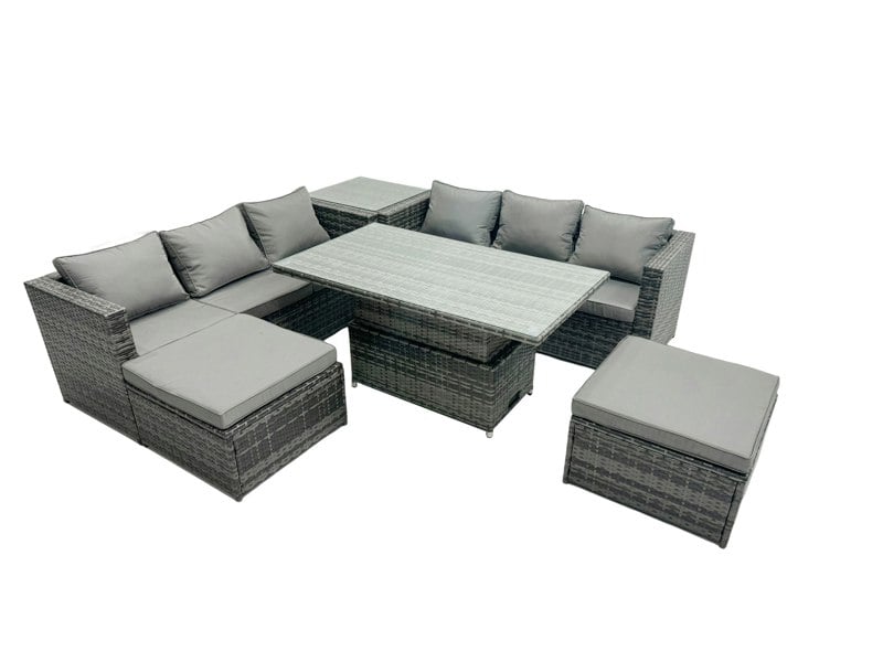 Fimous Rattan Dining Table Sofa Set with Side Table 2 Stools Outdoor 8 Seat Garden Furniture Set Dark Grey Mixed